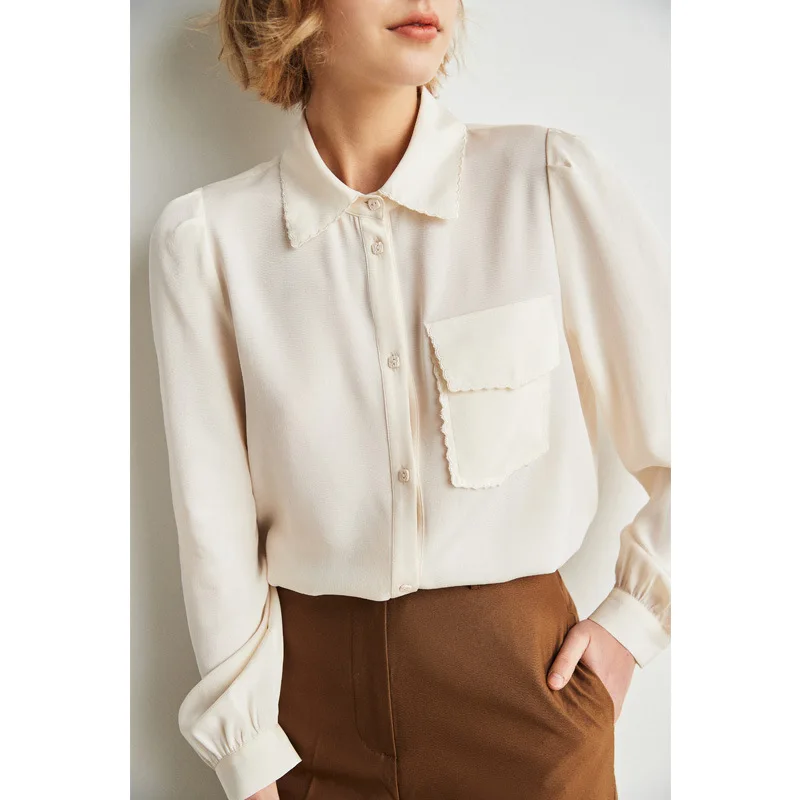 

Шикарная Изысканная кружевная длинная манжета, карман Тяжелая шелковая рубашка для женщин 2022 Новая европейская шелковая женская одежда