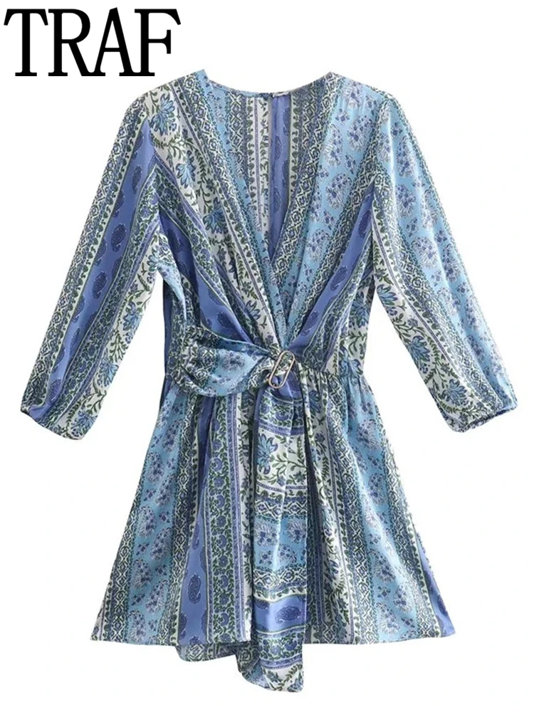 

TRAF Patchwork Print Short Jumpsuit Women Summer Long Sleeve Elegant Woman Jumpsuit Fashion Buckle Vintage Blue Rompers Playsuit