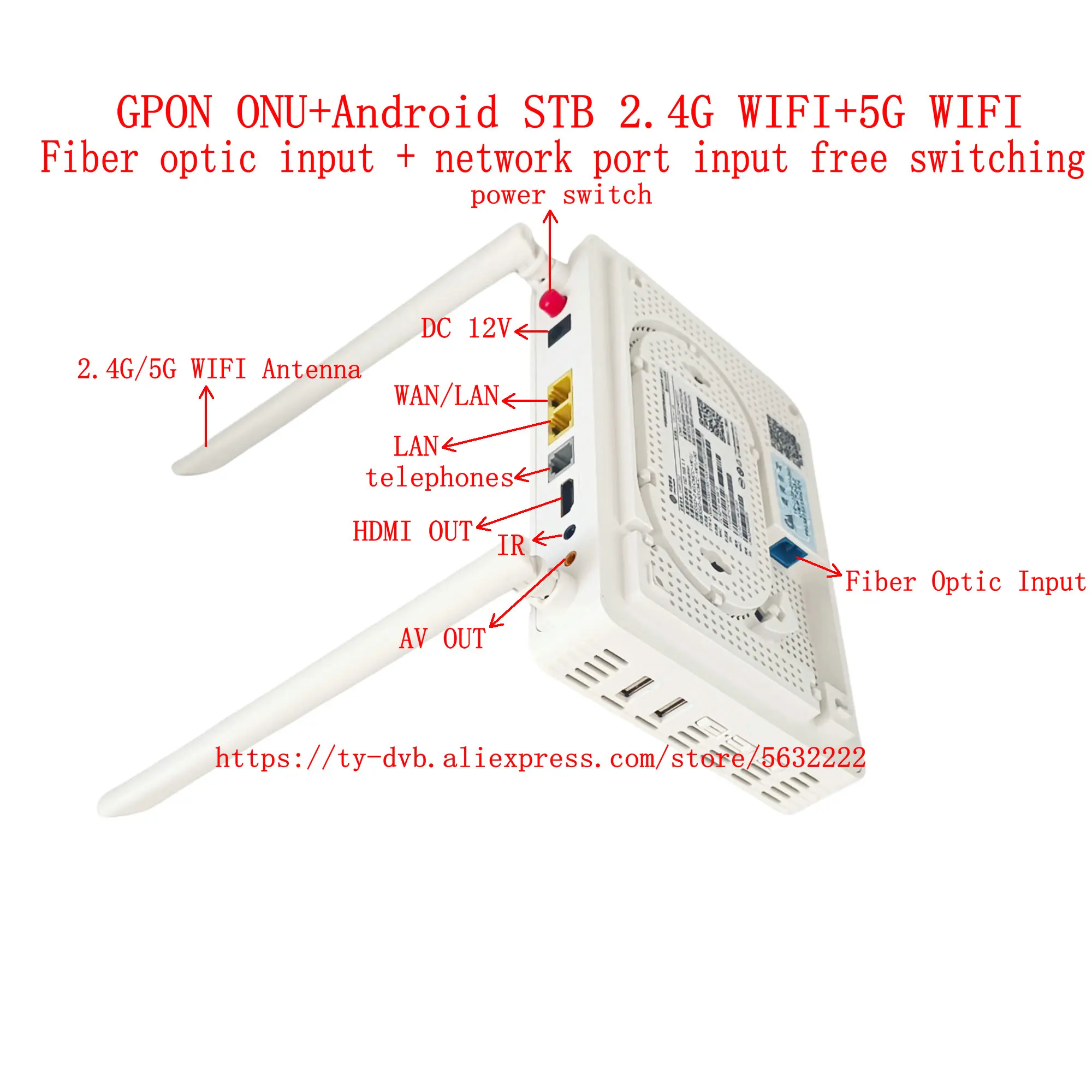 Фото GPON ONU +IPTV Android STB 2.4G +5G WIFI Интернет + Телефон + ТВ Волоконно-оптический вход + вход сетевого порта бесплатное переключение №5