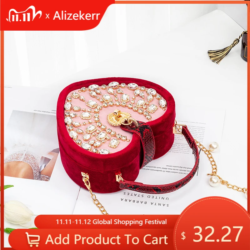 

Diamonds Heart Shaped Velvet Evening Clutch Bags Women 2021 Chic Kawaii Rhinestone Black Purses And Handbags For Wedding Party