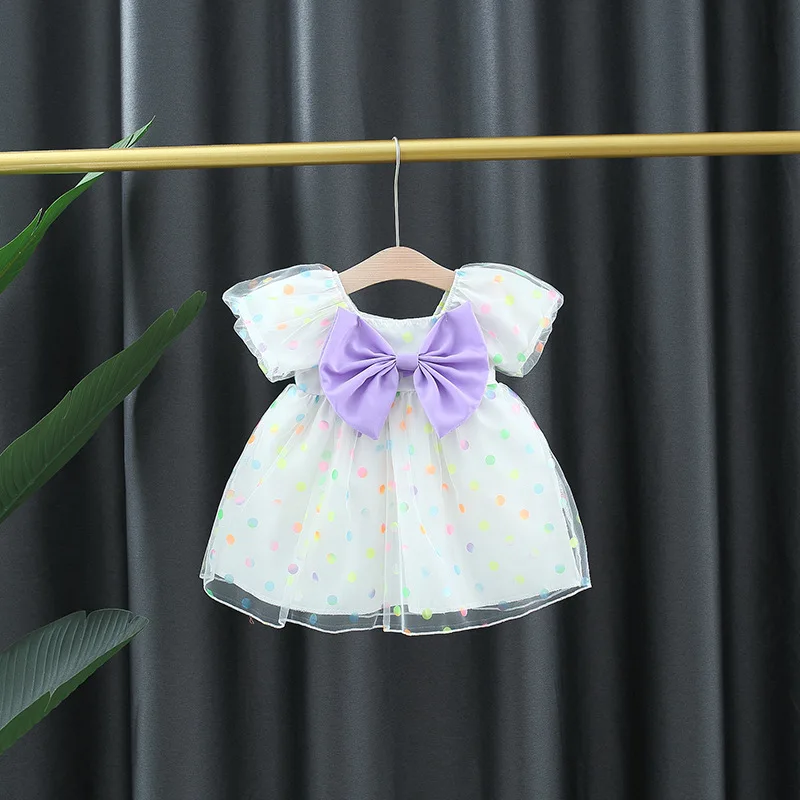 Summer Children Clothes Baby Girl Colorful Polka Dot Party Princess Dresses Puff Sleeve Bow Toddler Costume 0 To 3 Y Kids Wear