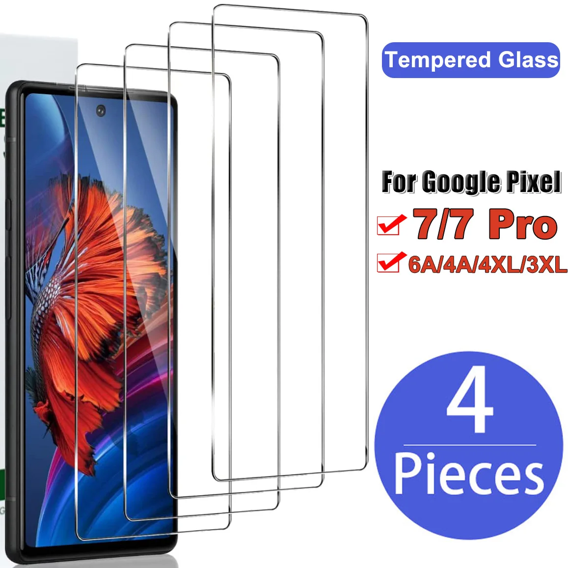

4Pcs HD Protectors for Google Pixel 7 7 Pro 6A 4 4XL 3 3XL Premium Tempered Glass Screen Protector Film 9H Clear Screen Guard