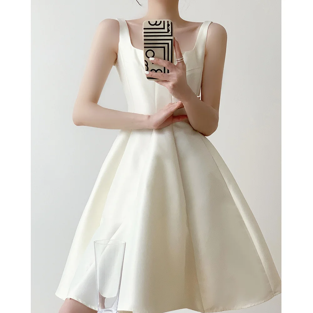 

Платье в стиле Хепберн На Бретельках для женщин, летнее элегантное платье, небольшого размера, французское белое, с широким подолом, атласное платье