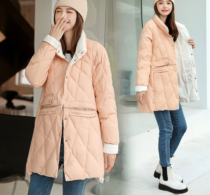 Coats for Winter Women Down Jacket Light Medium Long Standing Collar Slim High Fleece Content Cold-resistant Warm Coat Overcoat enlarge