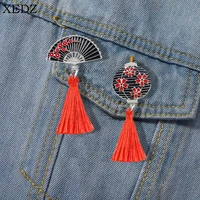 japanese traditional cherry blossom fan brooch vintage red tassel lantern enamel pin clothing badge jewelry gift for friends kid