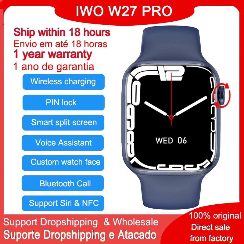 

Смарт-часы W27 Pro, серия 7, водостойкие IP68, 44 мм, Раздельный экран, 44 мм, 1,75 дюйма, TFT, 320*385 пикселей, ЭКГ, Bluetooth, звонки, Смарт-часы Siri