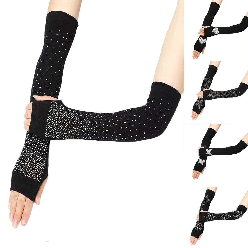 

Women Black Half Finger Gloves Long Warm Knitted Arm Cover Elasticity Rhinestone Sleeve Mittens Winter Outdoor Fingerless Glove