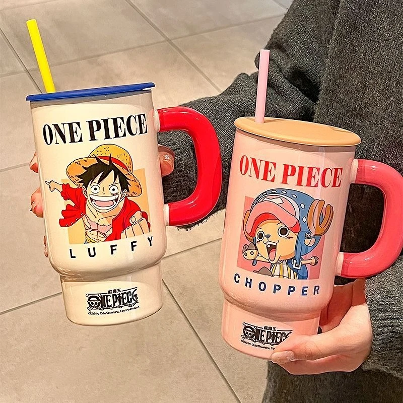 Фото Новая керамическая кружка One Piece с Луффи и Ророноа Зоро, с ярким мультяшным принтом, большой емкости, портативная, для пар, кофейная кружка, подарок №2