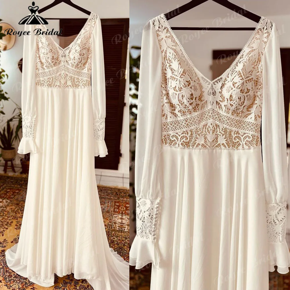 

hochzeitskleid Puff Long Sleeve Lace Bodice Boho Backless Wedding Dress with V Neck 2023 Robe Civil Bridal Gown suknia slubna