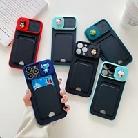 disney mickey stitch hello kitty card holder sliding window phone cases for iphone 13 12 11 pro max xr xs max 8 x 7 back cover