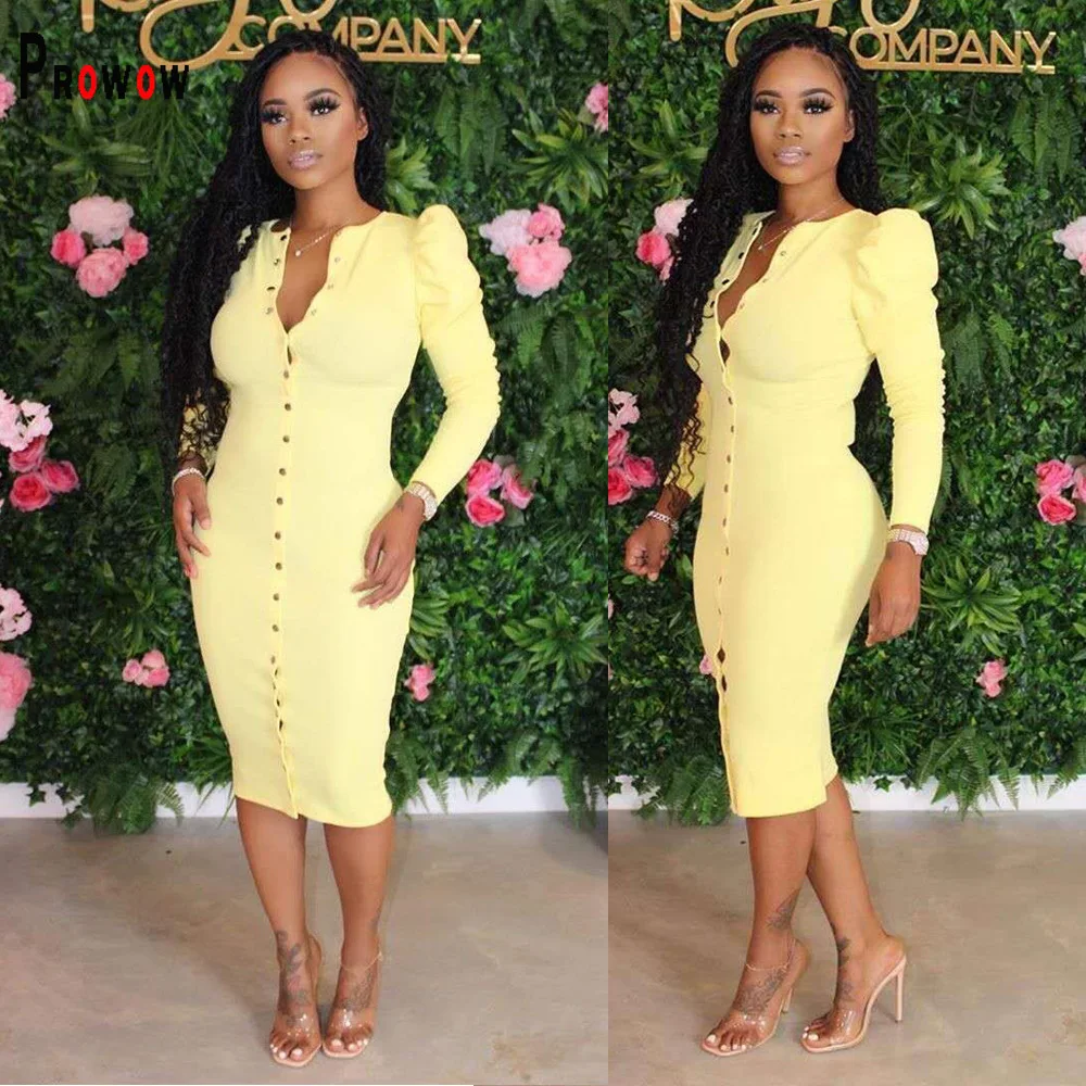 

Prowow Women Dress Office Lady Elegant Yellow Color Mid Dresses 2022 New Long Sleeve Spring Fall Hollow Out Female Outfits