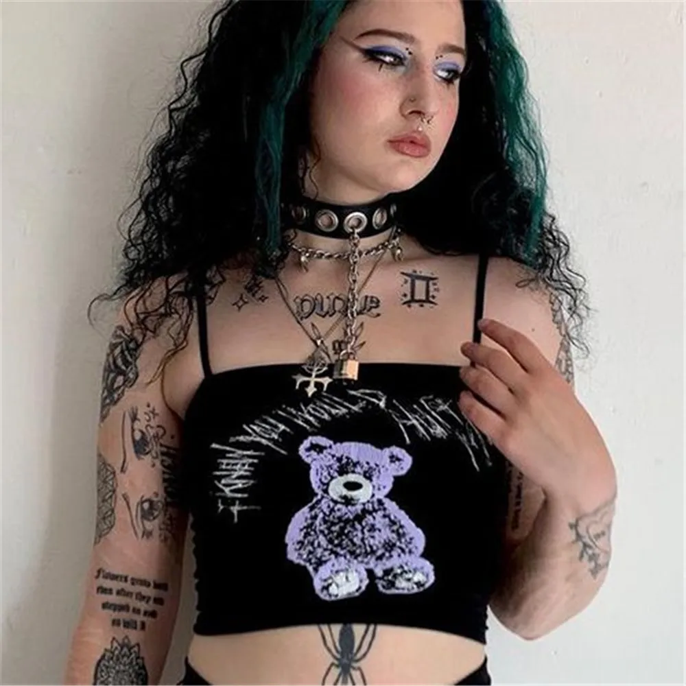 

Women's Tank Top Gothic Retro Darkness Fashion Y2K Style Navel Cropped Short Personalized Bear Print Sling Top Summer New