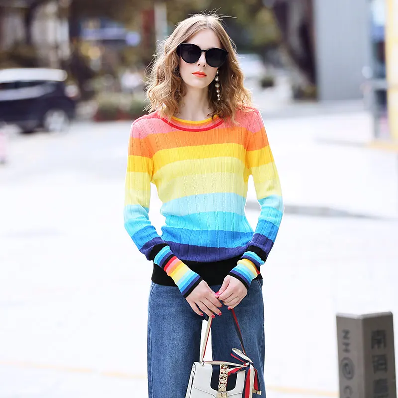 

New Rainbow Women Sweater Autumn Knitted Jumper Crop Top Full Sleeves Loose Casual Warm Femme Sweater Clothing