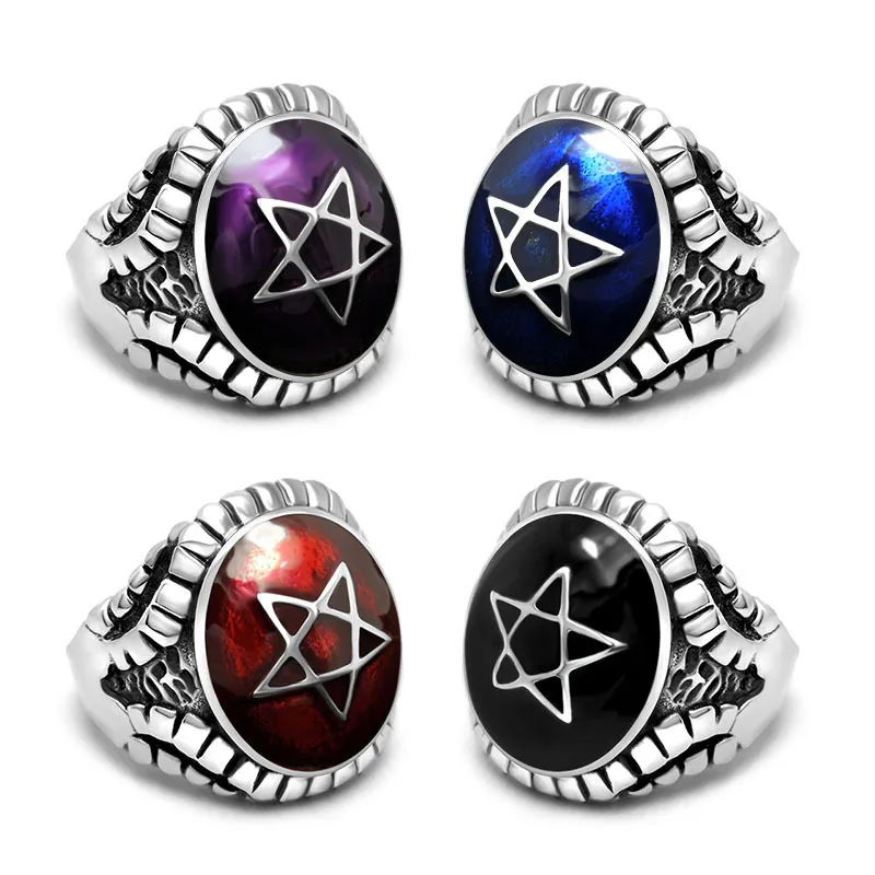 

Vintage Pentagram Star Men Ring Women Stainless Steel Rock Punk Biker Jewelry Cool Goth Party Gifts Purple Blue Black Red Rings