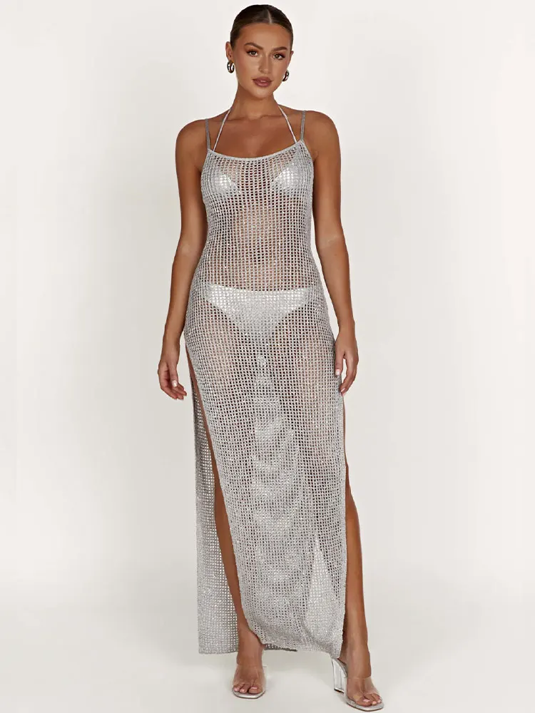 Женское трикотажное платье-макси с открытой спиной и высоким разрезом