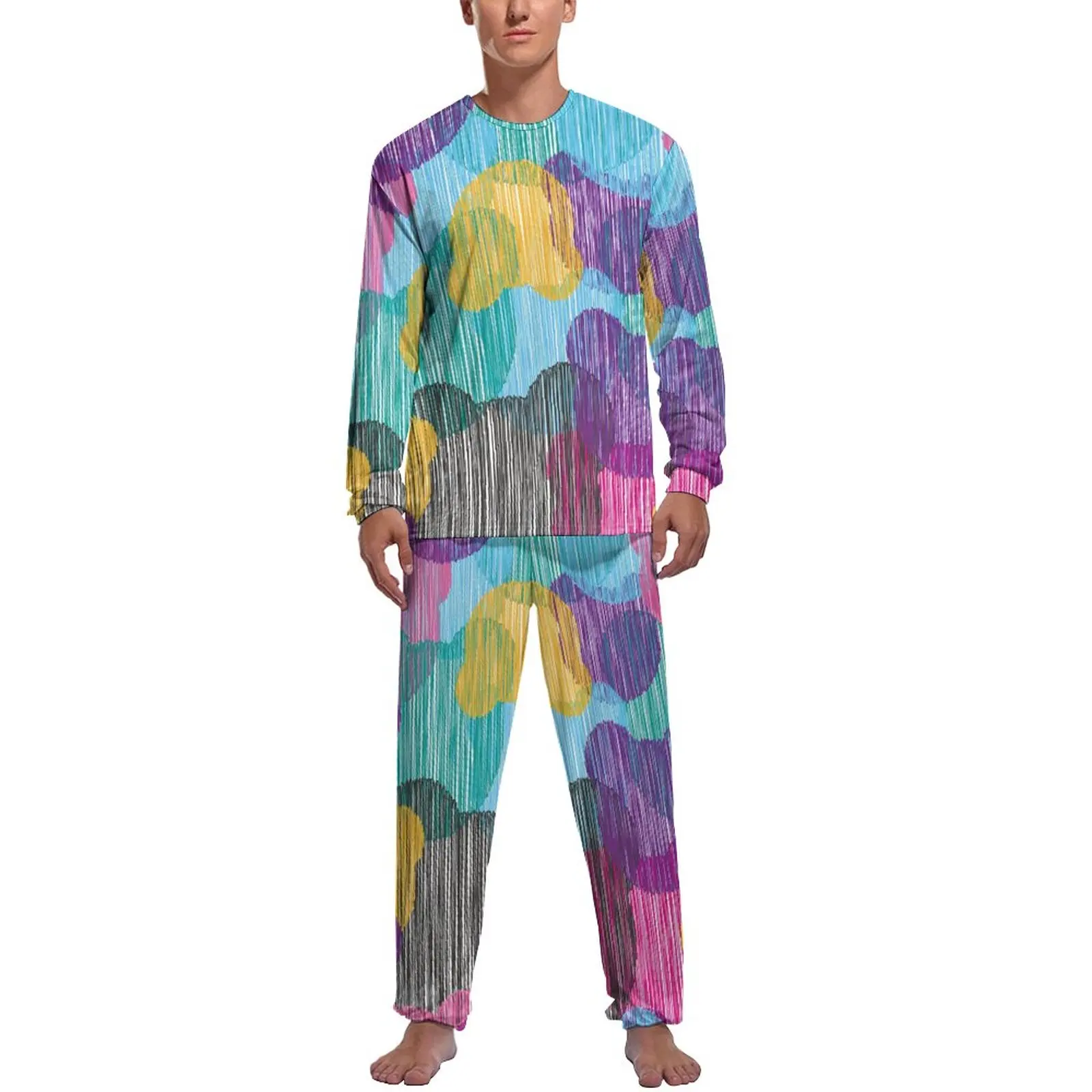 Colorful Bear Print Pajamas Winter 2 Pieces Abstract Animal Soft Pajama Sets Male Long-Sleeve Room Design Sleepwear