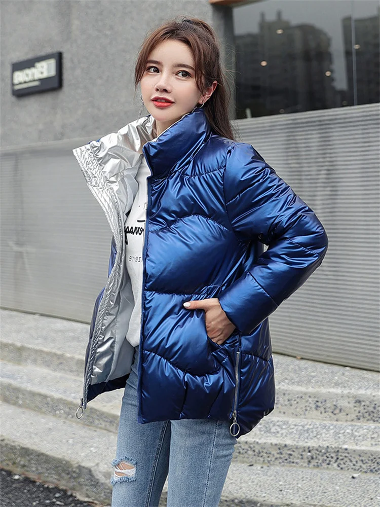 Glossy Free Wash Down Cotton Coat Women Green Stand Collar 2022 New Winter Korean Blue Short Bread Clothing Side Zipper Jackets