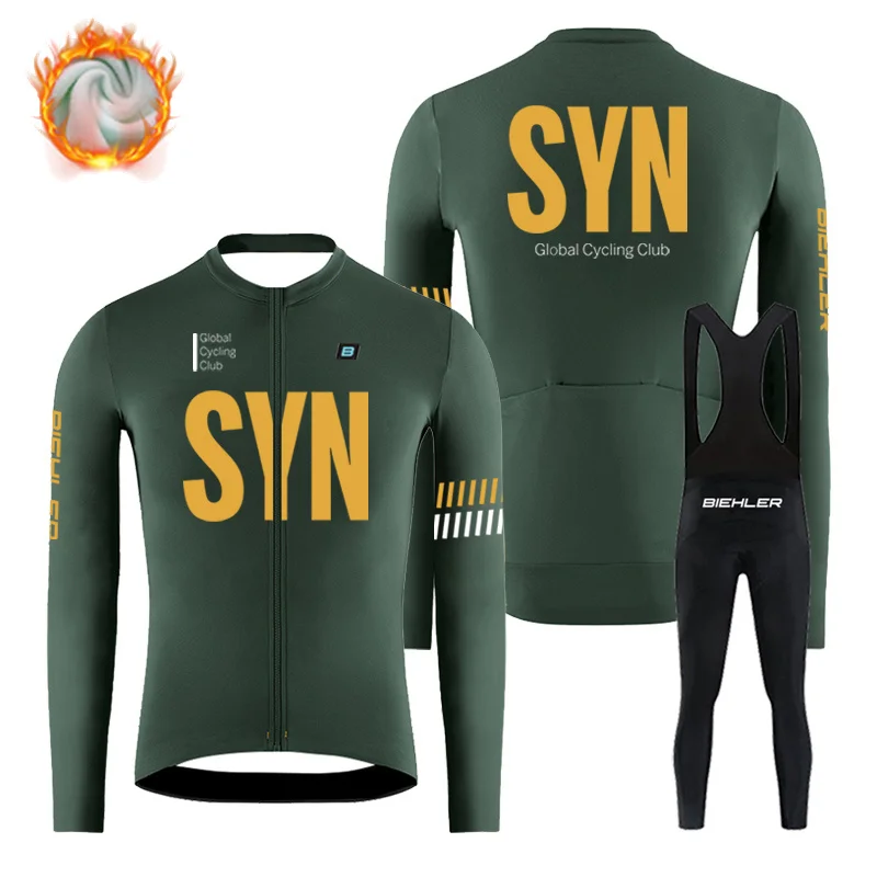 

2024 BIEHLER winter long-sleeved outdoor fleece thermal SYN shirt Cycling clothing bib suit mountain road riding 19D cushion