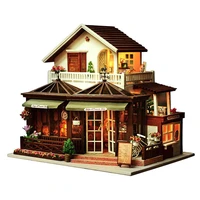 large coffee wooden doll house manual assembling model toys diy wooden hut house with led light music small tools birthday gift