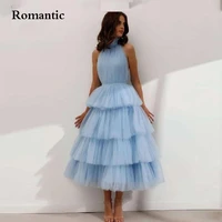 romantic baby blue tiered tulle prom dresses high neck tea length sleeveless summer dubai evening party gown graduation dress