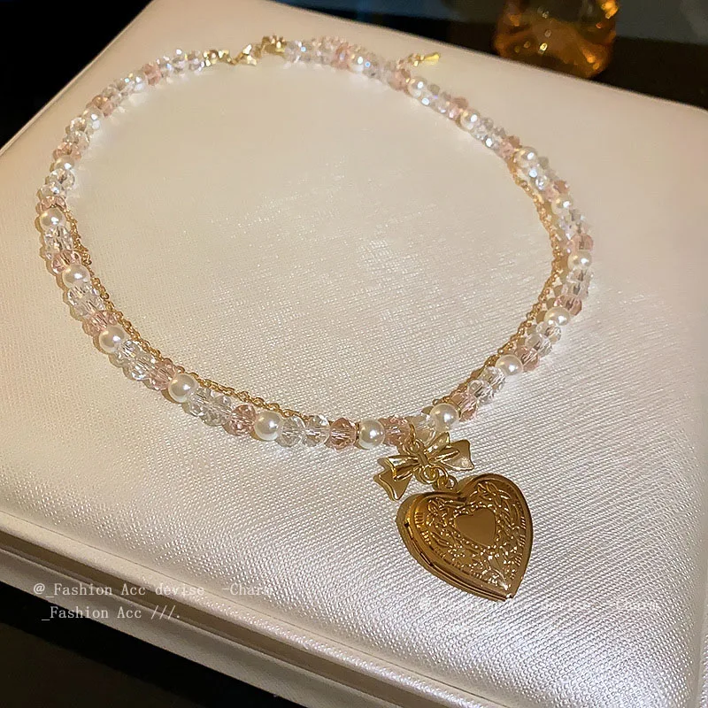 Crystal Pearl Bow Necklace for women French Romantic Love Pendant Clavicle Chain Wholesale fashion and sweet temperament jewelry