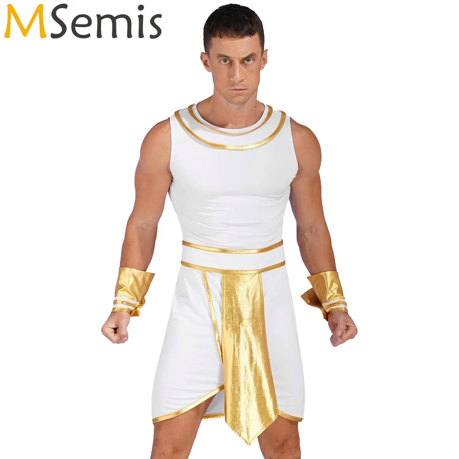 

Mens Metallic Shiny Cosplay Dress with Cuffs Ancient Egypt Pharaoh King Cosplay Costume Fantasia Ancient Egypt Roleplay Clothing