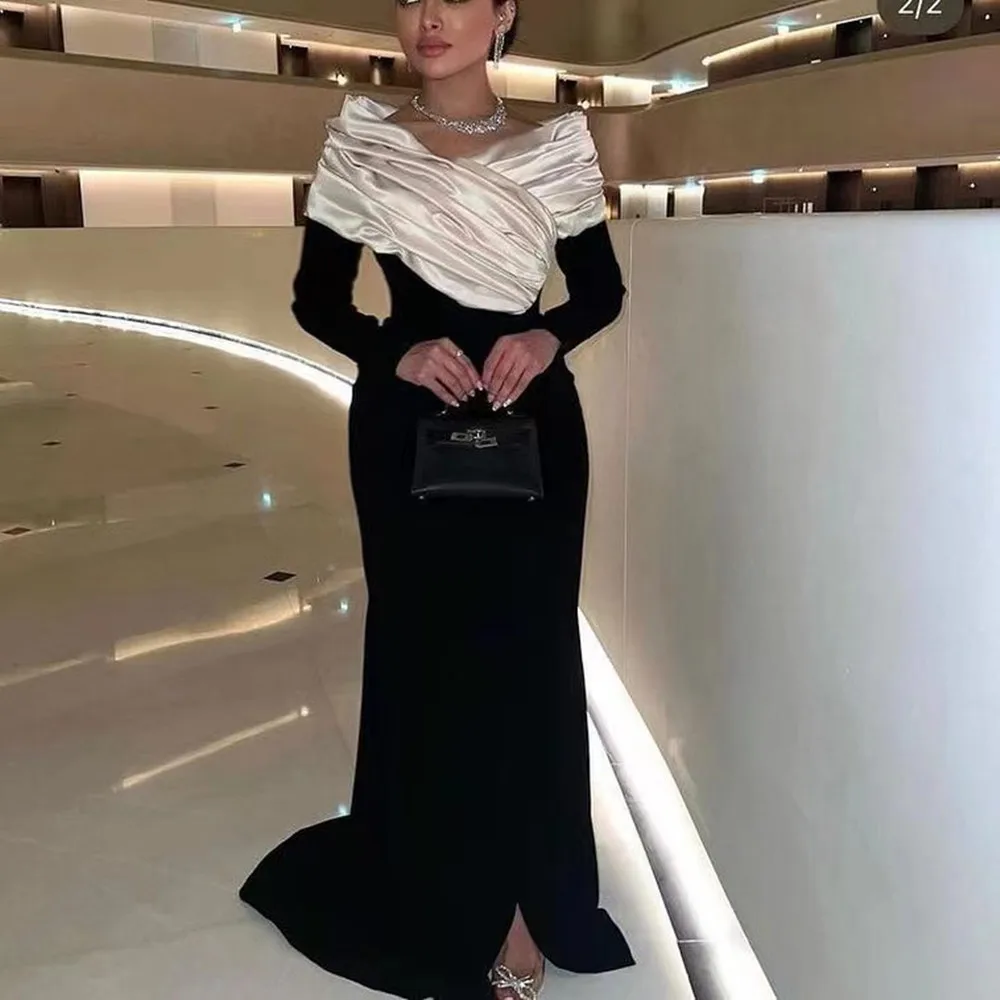 

Fashionvane Black Prom Dresses Long Sleeves Ruched V Neck Wedding Guest Dress for Women Zipper Back Saudi Arabia Formal Gowns