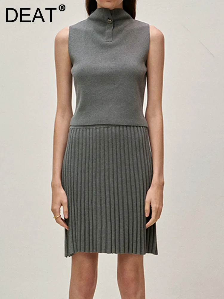 

DEAT Fashion Women's Short Tank Tops Tops Round Neck Single Button Sleeveless Gary Knit Tops Female Summer 2023 New Tide 17A9853