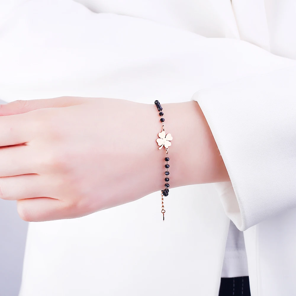

12pcs/lot Rose Gold Heart Shape Charm Bracelets Women's Black Crystal Beads Chain Bracelet Fashion Jewelry 2020 Joyas de mujer