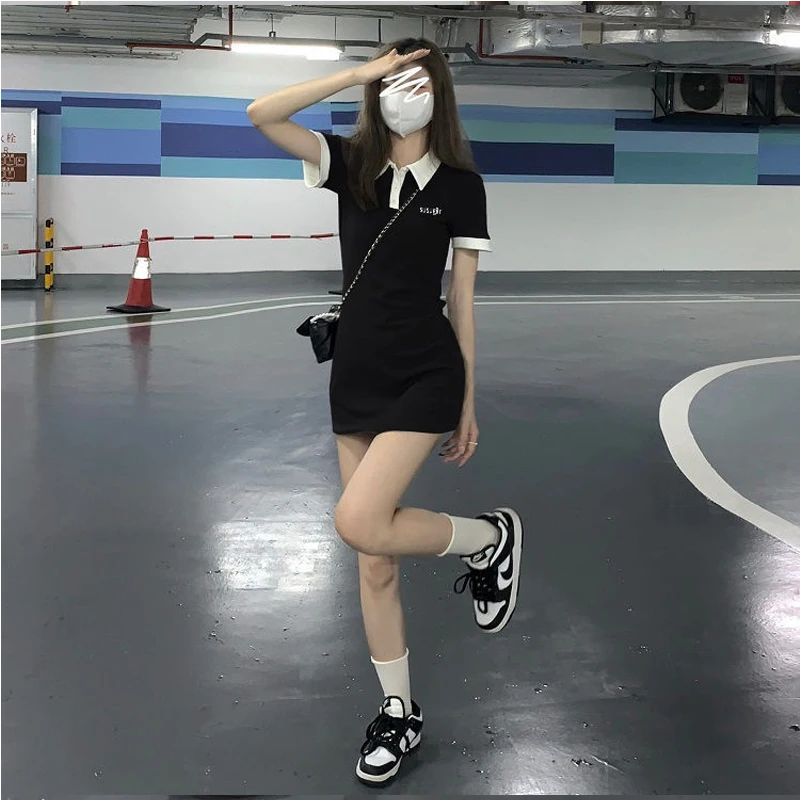 

Y2K Mini Women's Dress 2023 Summer Polo Collar One Pieces Korea Short Sleeve Skirt Contrast Color Slim Sheath Tight Dresses Kpop