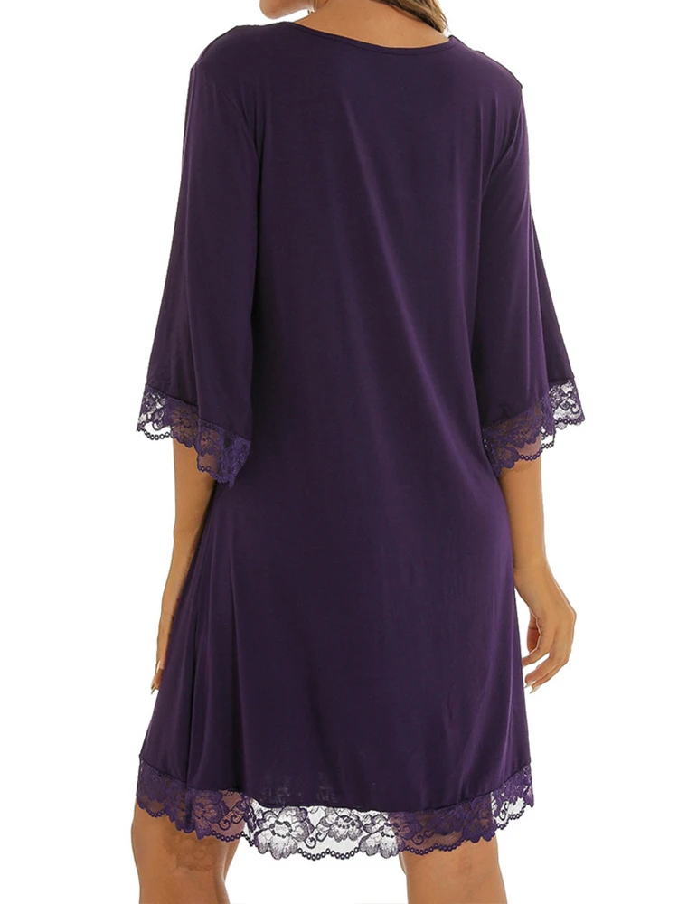 Solid V Neck Half-Sleeve Nightdress Women Nightgowns Sexy Lace Patchwork Cotton Sleepwear Female Nightwear Casual Sleeping Dress
