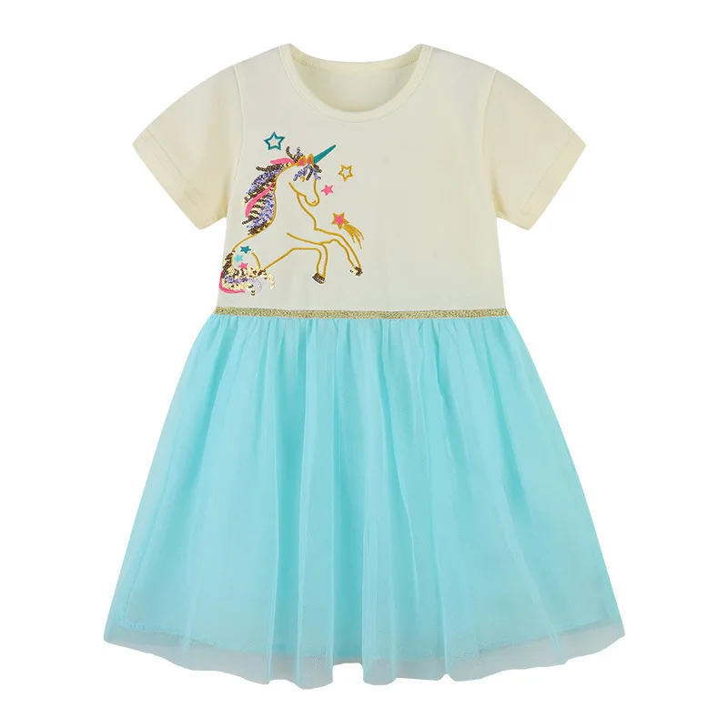 

Girls Short Sleeve Dress Summer New Cartoon Embroidered Mesh Princess Dress