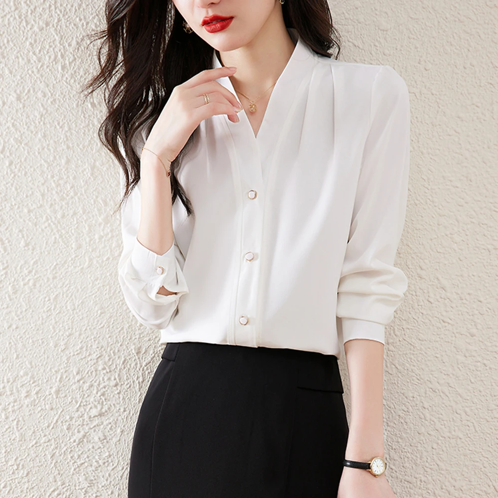 

Рубашка женская с V-образным вырезом, модная блузка в Корейском стиле, Шелковый Атласный топ в винтажном стиле, Повседневная Базовая одежда, белый цвет