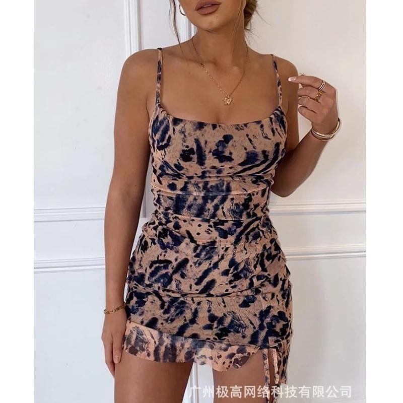 

Women's Dress Summer Sexy Tie-Dye Printed Pleated Slit Dress Women's Fashion Backless Spaghetti Strap Square Collar Slim Dress