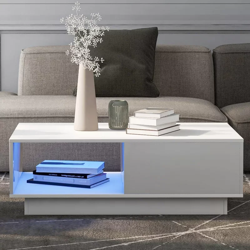 

Modern High Gloss Sofa Table, Coffee Table, Rectangular White Living Room Table with LED Light, Tea Table, (99 x 55 x 32 cm)