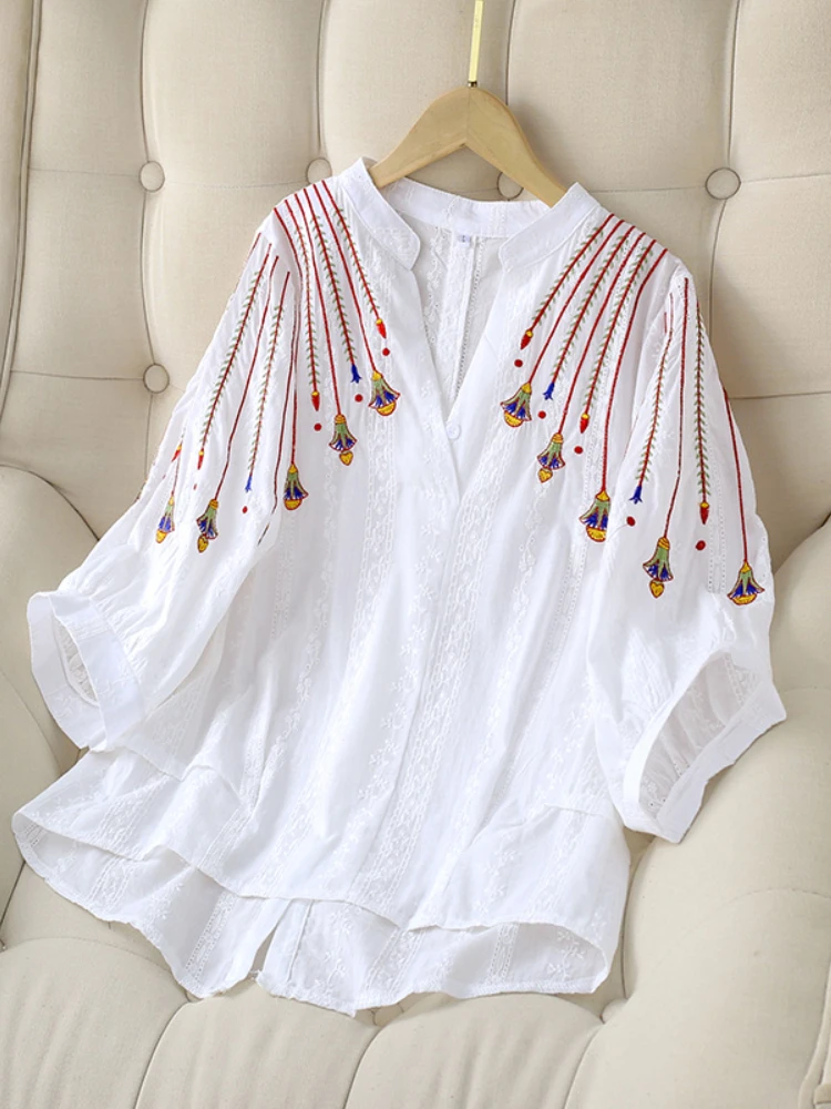 Embroidery Flower White Women Shirts Summer Vintage 2022 V-Neck Half Sleeved Loose Elegant Female Outwear Coats Tops enlarge
