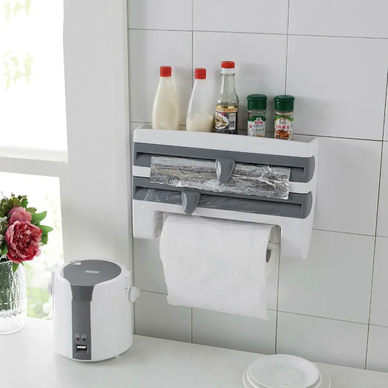 

Foil Wall Barbecue Storage Fresh-keeping Rack Storage Towel Paper Mounted Multi-functional With Cutter Film Rack Kitchen