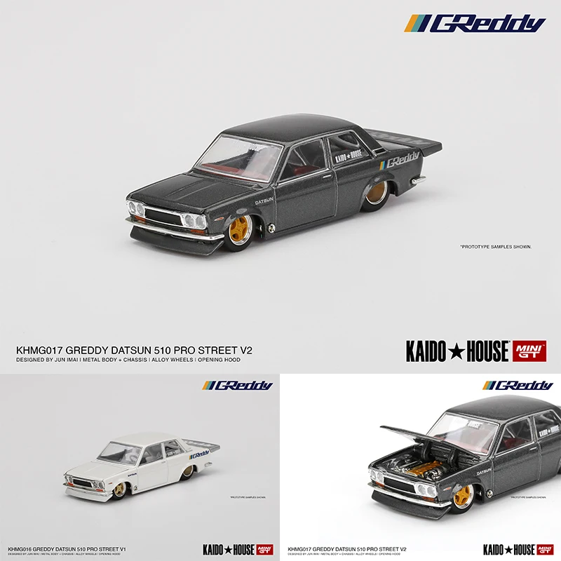 MINI GT 1:64 Datsun 510 Pro Street GREDDY Gun Metal Grey Pearl White Alloy Diorama Car Model Collection Miniature Carro In Stock