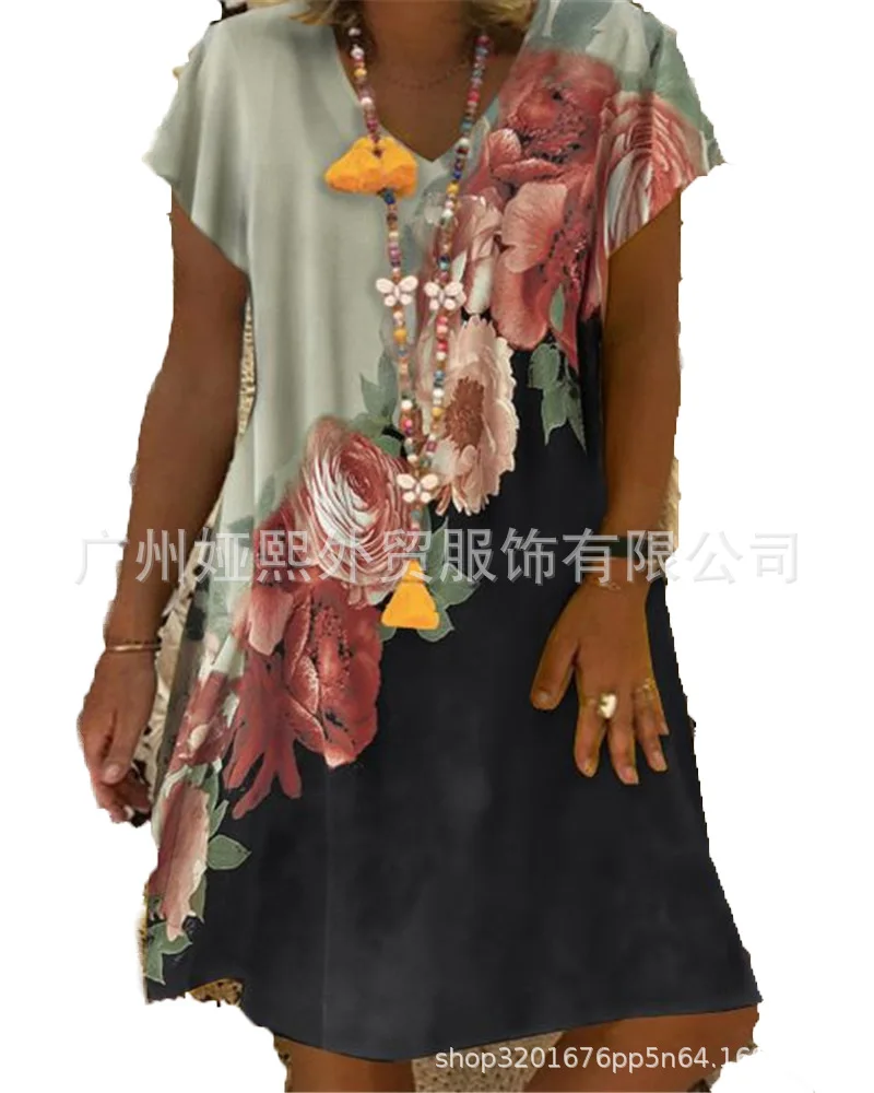 

European and American Women's Clothing Summer New Digital Multi-color Printing Short Sleeve V-neck Imitation Linen Dress