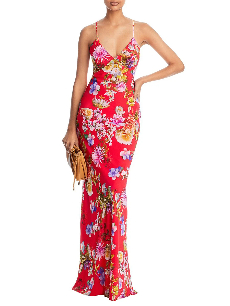 

i3ckizce Robe longue élégante vintage florale sexy pour femme avec bretelles spaghetti et dos nu Rouge L