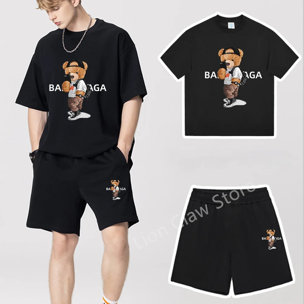 Summer Men Tracksuit Jogging Suit Women Set Cotton T-shirt 2023 Luxury Brand Tee Bear Graphic Print Tshirt + Shorts 2 Piece Sets