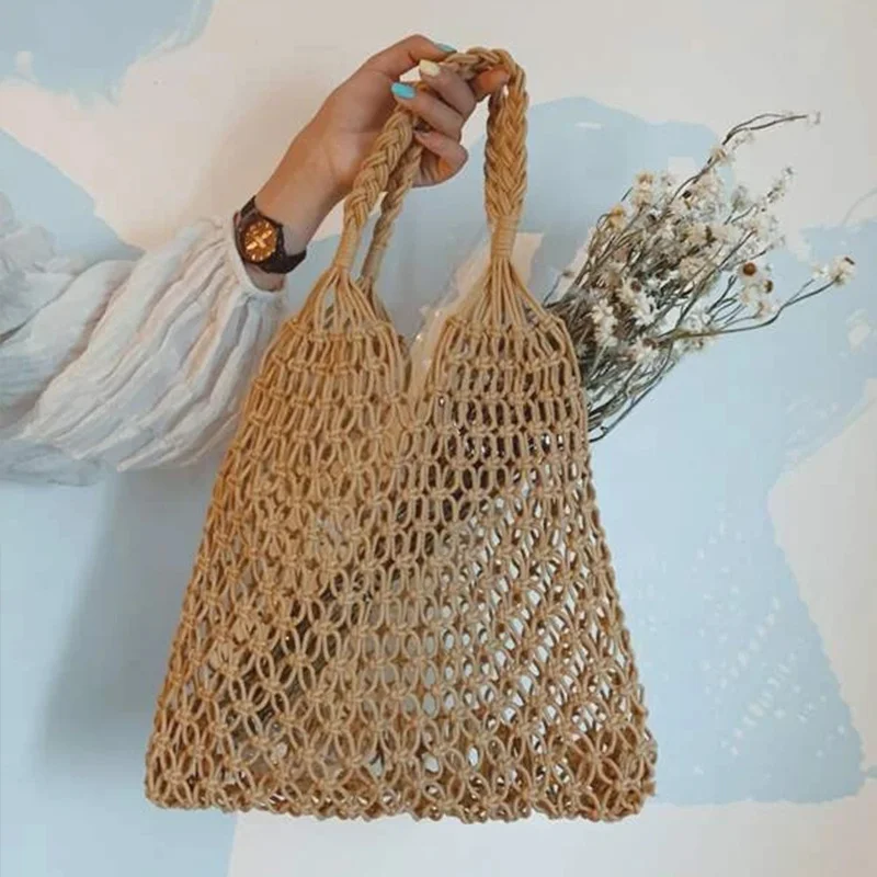

Летняя Сетчатая Сумка для женщин, вместительная соломенная сумка, Женская хлопковая льняная тканая сумка через плечо, сумка для покупок