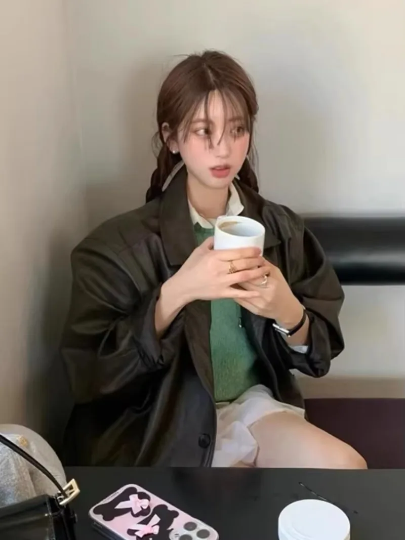 Женская винтажная куртка с длинным рукавом из ПУ кожи