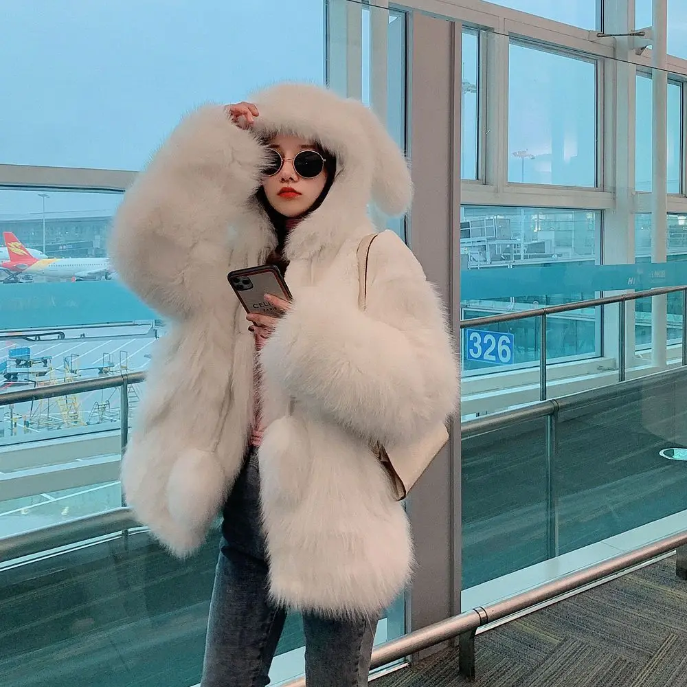 y2k faux fox fur coat female hooded otter rabbit loose cute ladies winter coat net red white purple khaki XL fur coat female