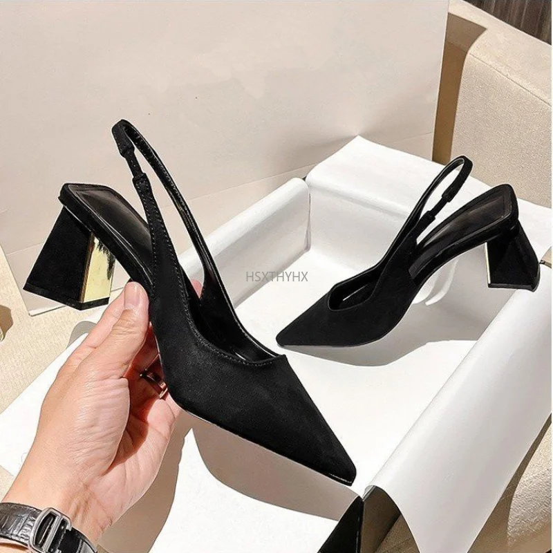 

Женские туфли на высоком каблуке с ремешком на пятке и острым носком, туфли-лодочки на блочном каблуке для женщин, женские туфли на каблуке ч...