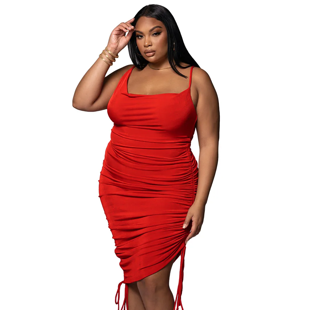 FS 2022 Sexy Women Plus Size Dresses Clothing Low Collar Drawstring Large Size Ladies Tight Waist Dress Spaghetti Strap Pleated