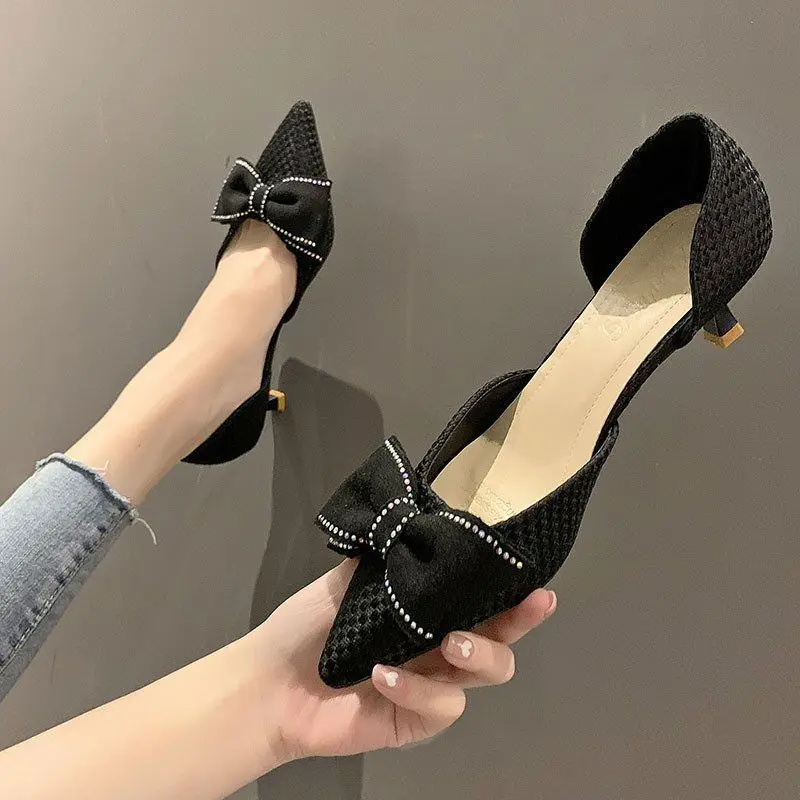

Summer Crystal Bow Pumps Women 2022 New Pointed Toe Silk High Heels Shoes Woman Elegant Med Heels Wedding Party Shoes