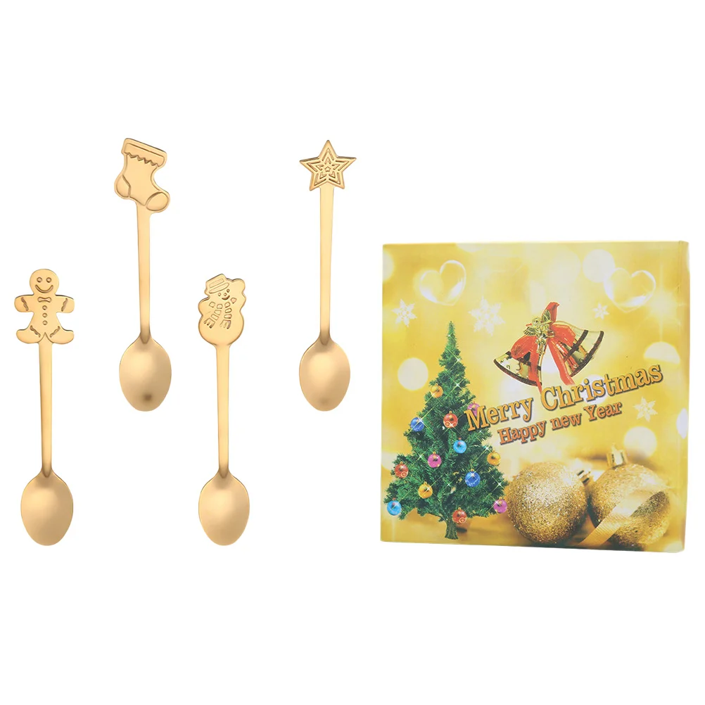 

4Pcs Golden Stainless Steel Stirring Coffee Spoons Christmas Dessert Spoons