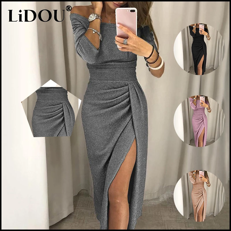 

2022 Sexy Club High Waist Party Dresses Off Shoulder Evening Long Dress Elegant Lady Vestidos Spring Summer Solid Women's Tunics