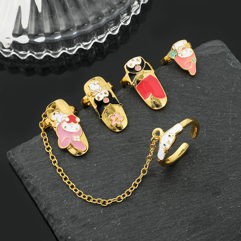 

Sanrio Kuromi Melody Nail Ring Armor Set Silver Color Irregular Nail Pieces Adjustable Open Rings Jewellery Accessory Women Gift